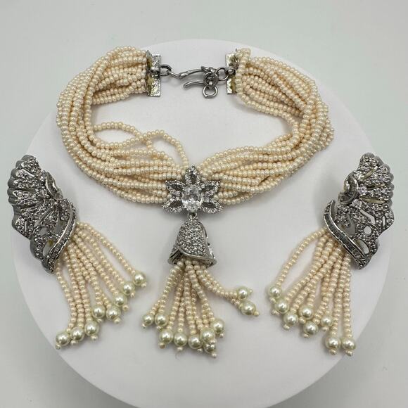 Indian white gold plated cubic zirconia glass pearl bracelet earrings set - Picture 3 of 8